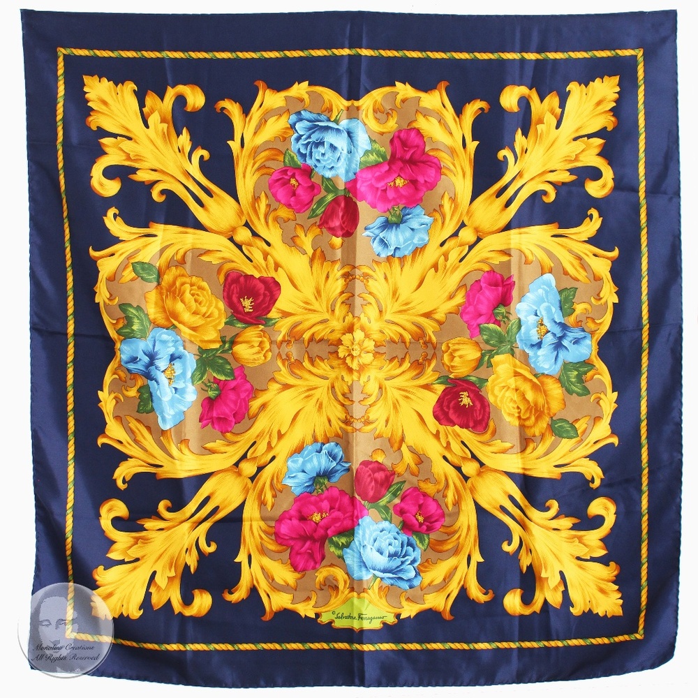 Salvatore Ferragamo Scarf Shawl Large Silk Baroque Floral Print 35in Vintage